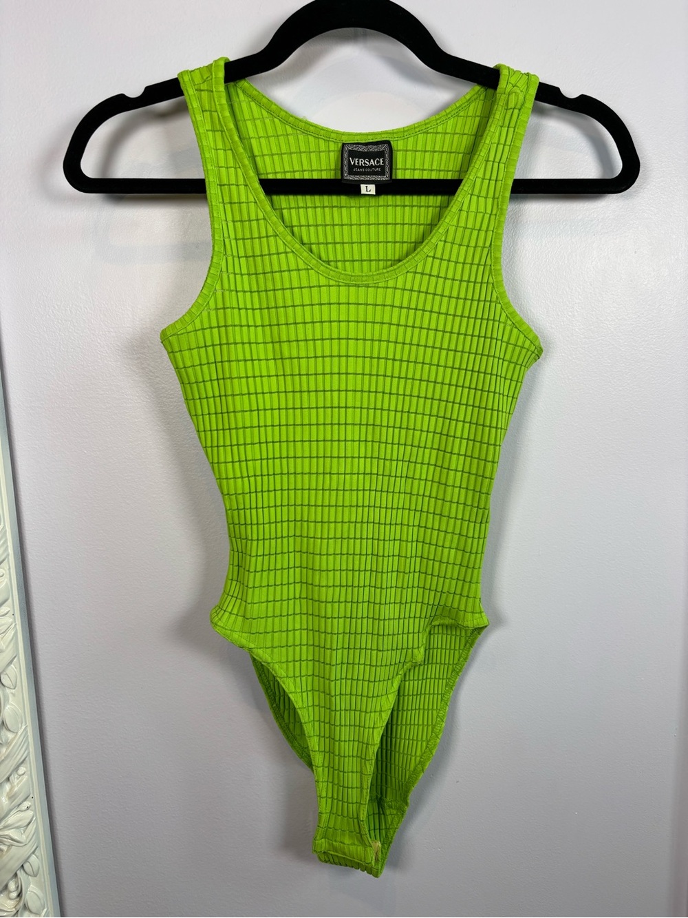 Versace Jeans Collection Vintage Neon Green Grid-Pattern One-Piece Bodysuit
